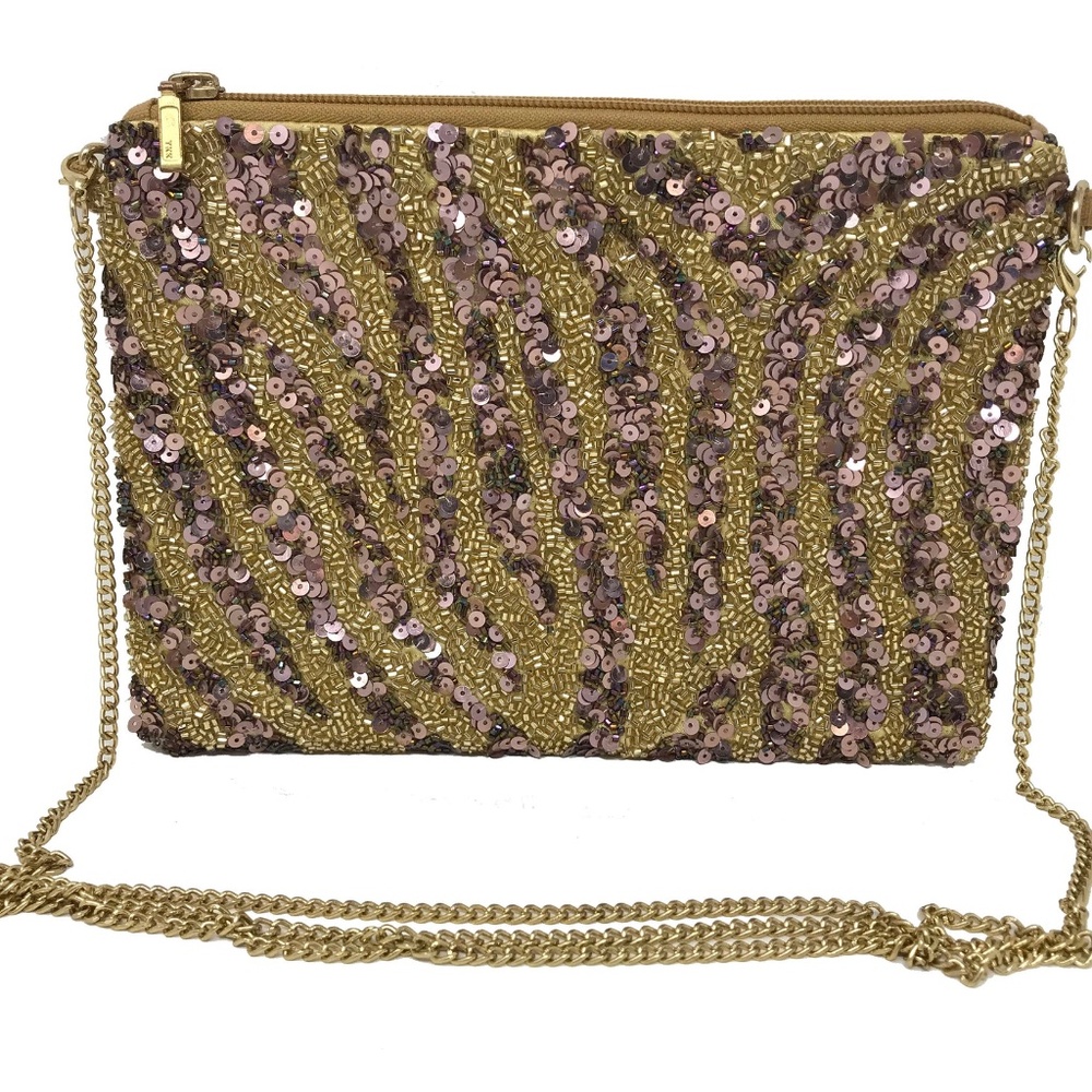 Gold Beaded Zebra Print Sequin Evening Handbag with Chain Strap